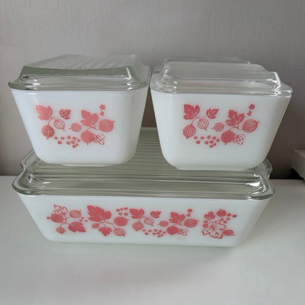 Vintage Pyrex Pink Gooseberry Refrigerator Dish Set 501 502 503 Complete 8 Pc